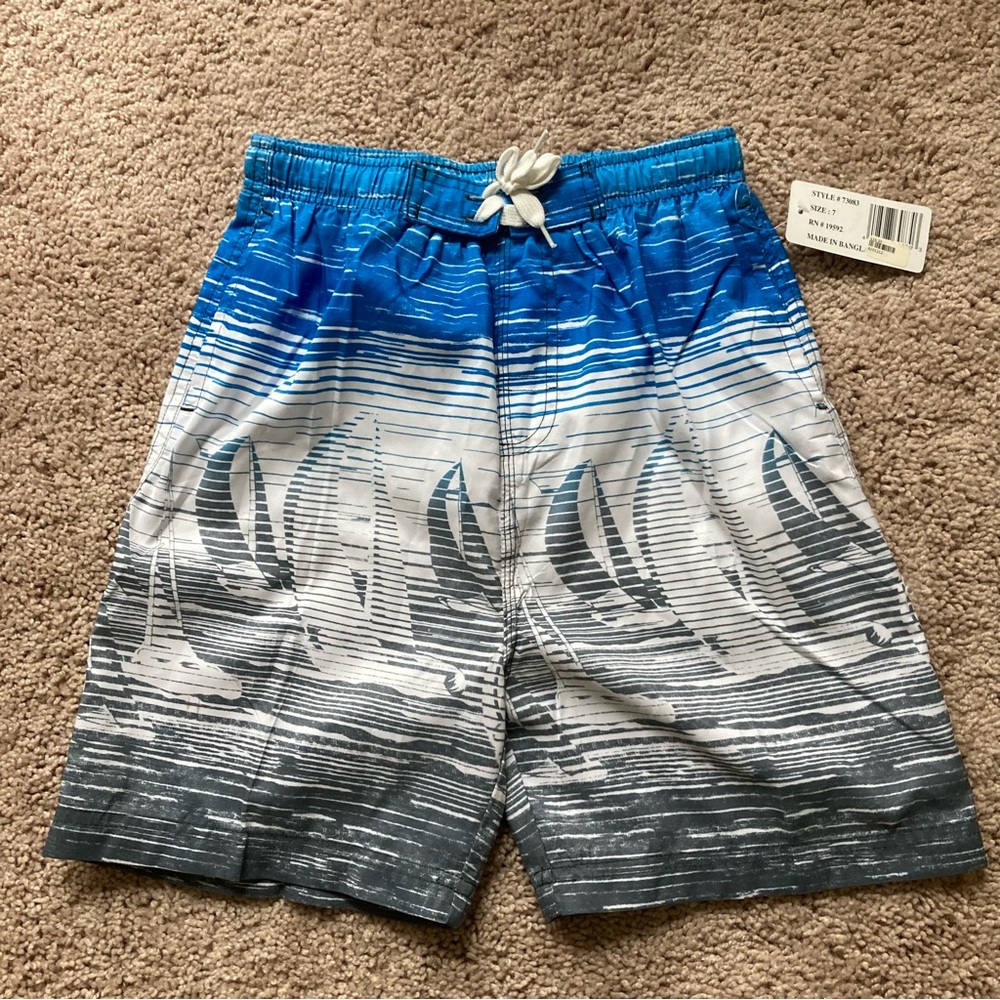 Boys Swim Trunk Size 7 Blue Stretchy Waistband Pockets Mesh Lining NWT